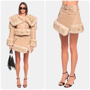 New! OW Collection Toronto Faux Leather Fur Tan Mini Skirt 🐻 Small NWT!